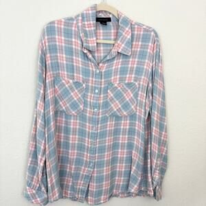 Sanctuary Womens Tomboy Shirt Size L Plaid Pastel Flowy Button Front Pink Blue